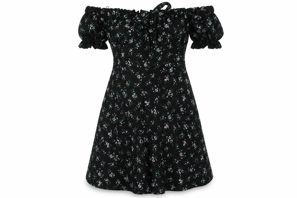 Front view of PRETTYLITTLETHING women’s black floral polyester a-line, size UK 10, off the shoulder pullover - bow