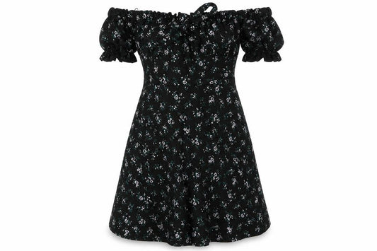 Front view of PRETTYLITTLETHING women’s black floral polyester a-line, size UK 10, off the shoulder pullover - bow