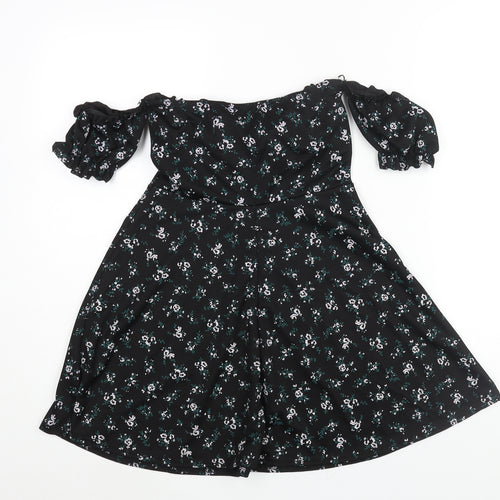 PRETTYLITTLETHING Womens Black Floral Polyester A-Line Size 10 Off the Shoulder Pullover - Bow