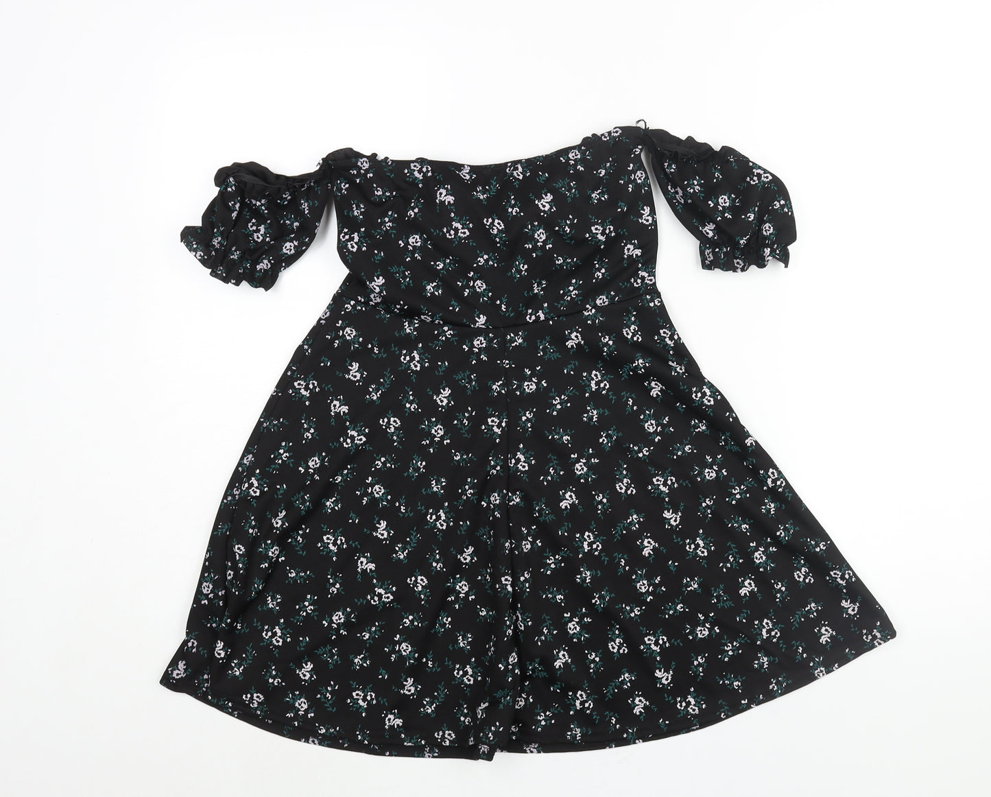 PRETTYLITTLETHING Womens Black Floral Polyester A-Line Size 10 Off the Shoulder Pullover - Bow
