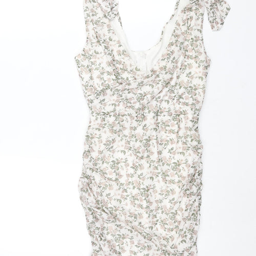 PRETTYLITTLETHING Womens Multicoloured Floral Polyester Mini Size 10 V-Neck Zip - Rouched Bow