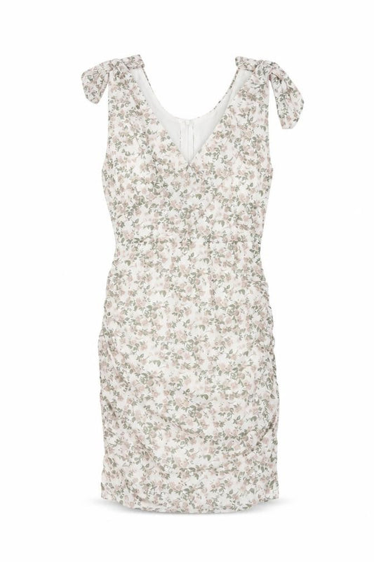Front view of PRETTYLITTLETHING women’s multicoloured floral polyester mini, size UK 10, v-neck zip - rouched bow