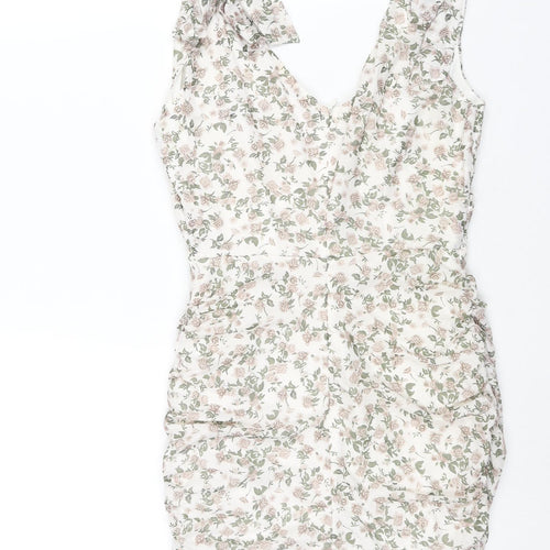 PRETTYLITTLETHING Womens Multicoloured Floral Polyester Mini Size 10 V-Neck Zip - Rouched Bow