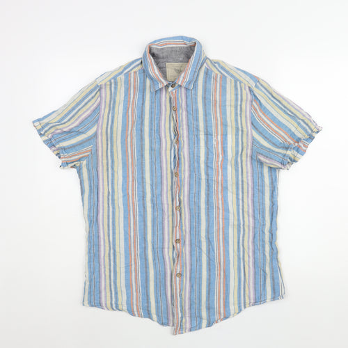 BHS Mens Multicoloured Striped Cotton Button-Up Size M Collared Button