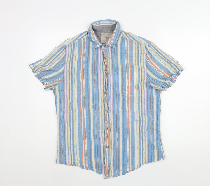 BHS Mens Multicoloured Striped Cotton Button-Up Size M Collared Button