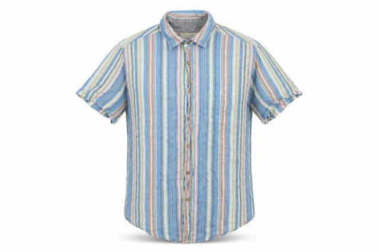 Front view of BHS men’s multicoloured striped cotton button-up, size M, collared button