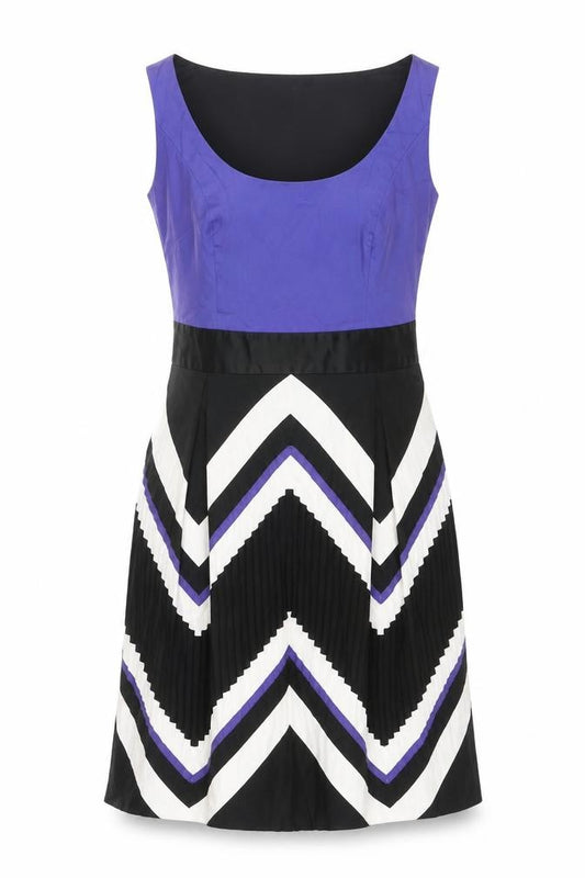 Front view of Coast women’s multicoloured cotton shift, size UK 12, scoop neck zip - geometric print