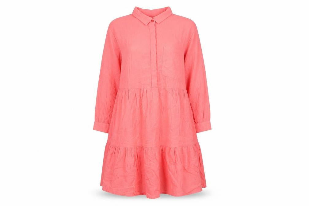 Front view of Next women’s pink cotton shift, size UK 12, collared button - smocked