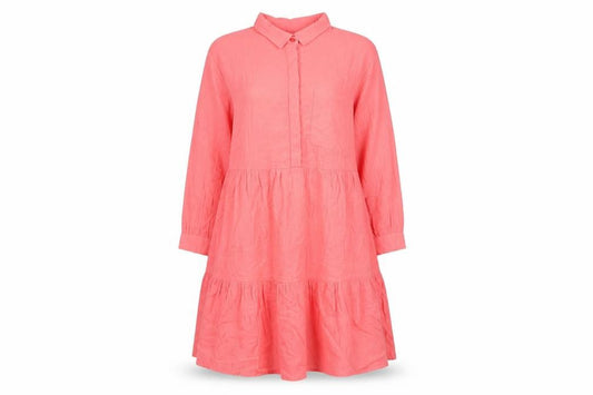 Front view of Next women’s pink cotton shift, size UK 12, collared button - smocked