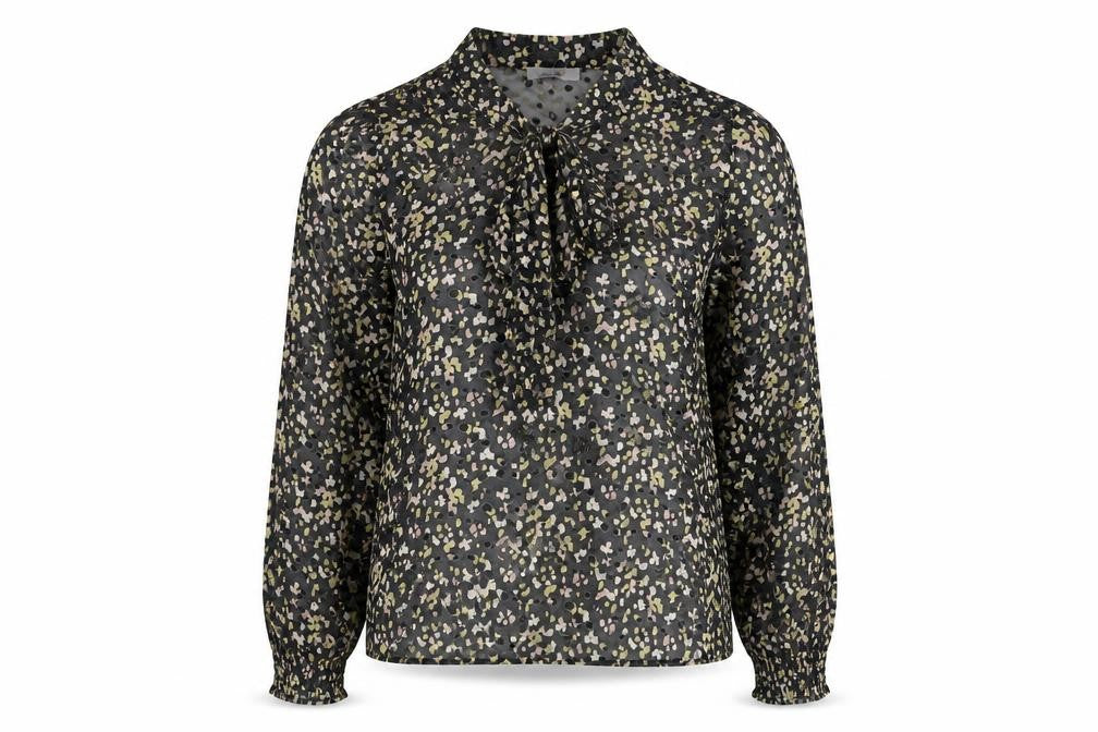Front view of Per Una women’s black geometric viscose basic blouse, size UK 12, v-neck