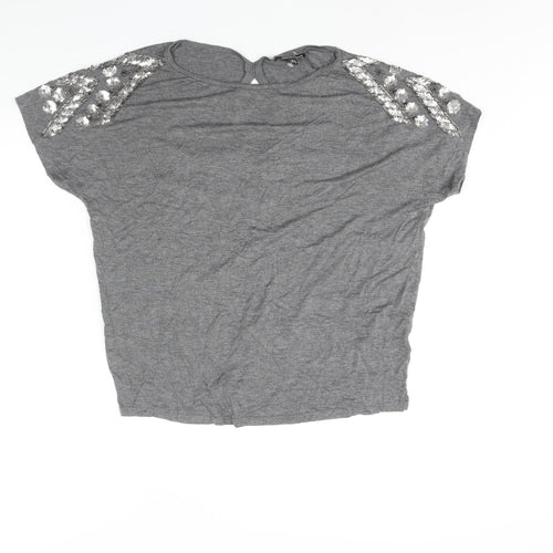 Warehouse Womens Grey Polyester Basic Blouse Size 14 Round Neck - Sequin Detail