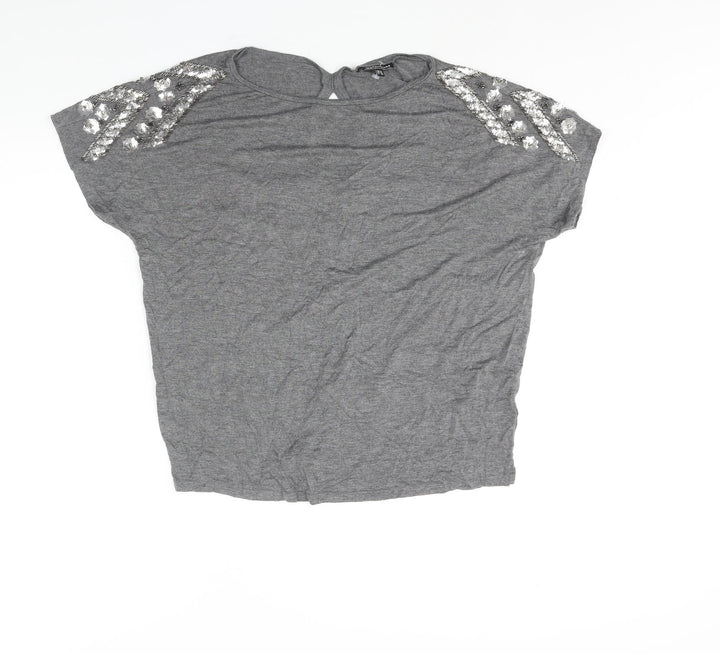 Warehouse Womens Grey Polyester Basic Blouse Size 14 Round Neck - Sequin Detail