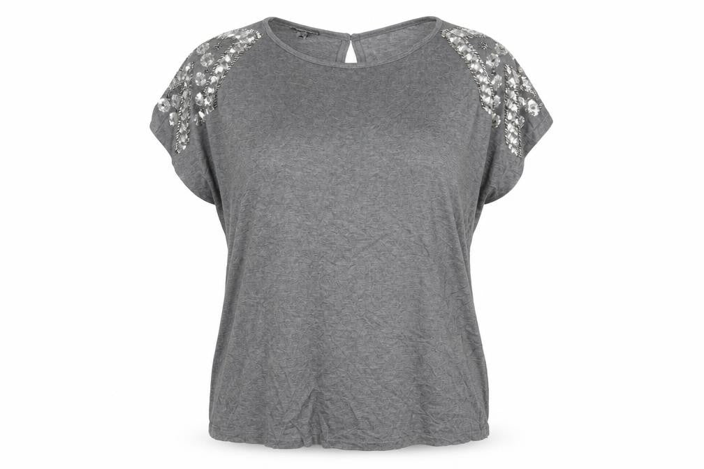 Front view of Warehouse women’s grey polyester basic blouse, size UK 14, round neck - sequin detail