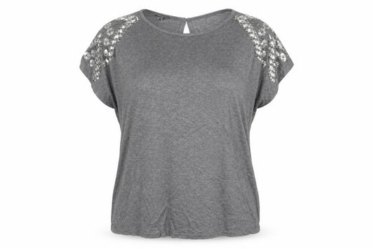 Front view of Warehouse women’s grey polyester basic blouse, size UK 14, round neck - sequin detail