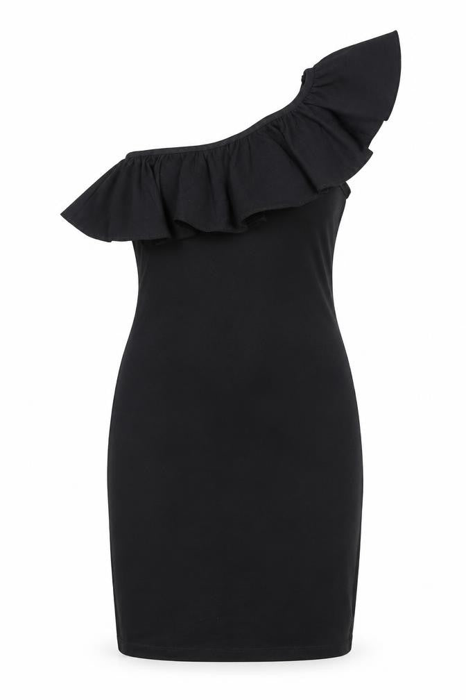 Front view of Miss Selfridge women’s black polyester bodycon, size UK 6, one shoulder pullover - frill