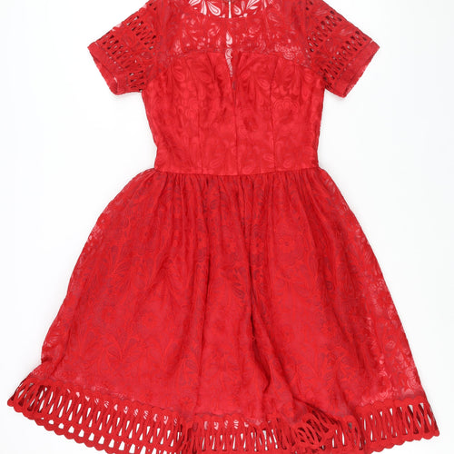 Chi Chi Womens Red Floral Polyester Fit & Flare Size 10 Round Neck Zip - Lace Detail Embroidered