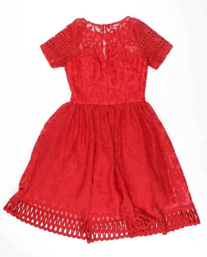 Chi Chi Womens Red Floral Polyester Fit & Flare Size 10 Round Neck Zip - Lace Detail Embroidered