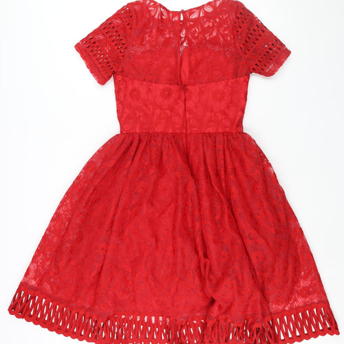 Chi Chi Womens Red Floral Polyester Fit & Flare Size 10 Round Neck Zip - Lace Detail Embroidered