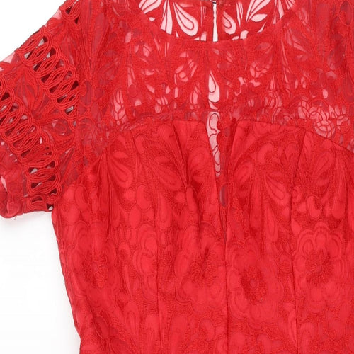 Chi Chi Womens Red Floral Polyester Fit & Flare Size 10 Round Neck Zip - Lace Detail Embroidered