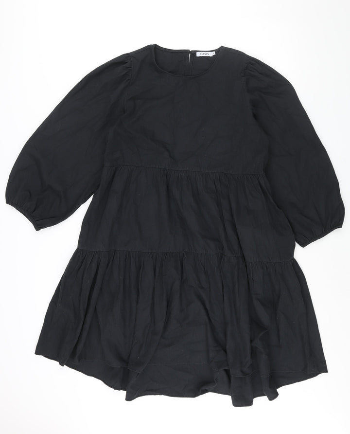 Oasis Womens Black Cotton Sheath Size L Round Neck Button - Smocked