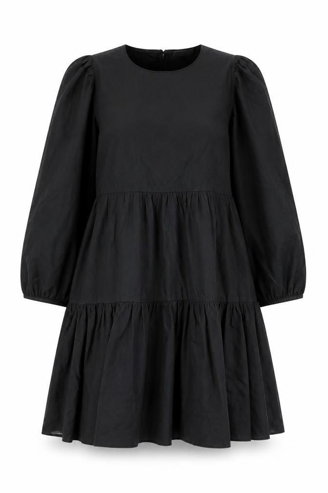 Front view of Oasis women’s black cotton sheath, size L, round neck button - smocked