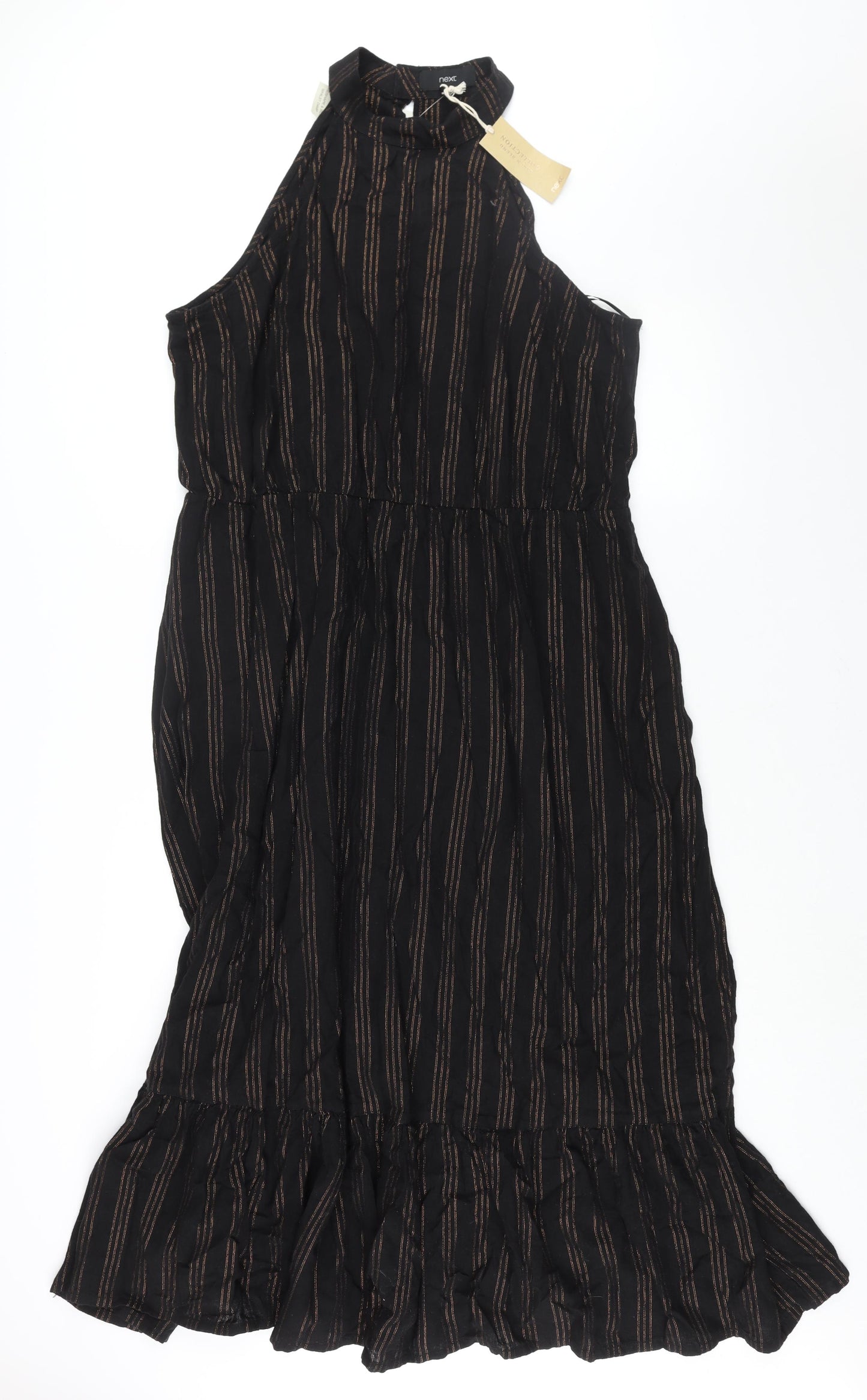 NEXT Womens Black Striped Linen Maxi Size 22 Round Neck Hook & Eye