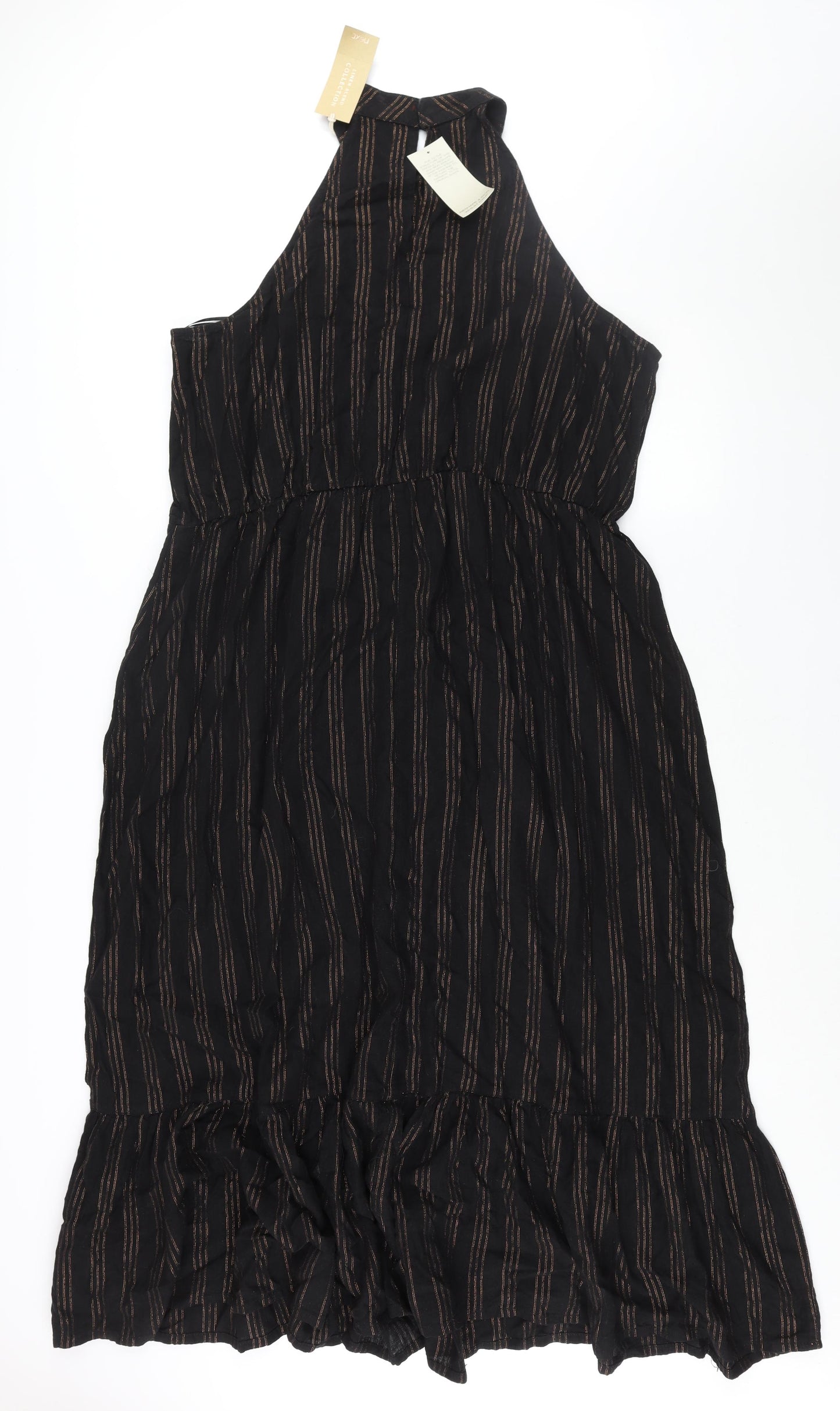 NEXT Womens Black Striped Linen Maxi Size 22 Round Neck Hook & Eye