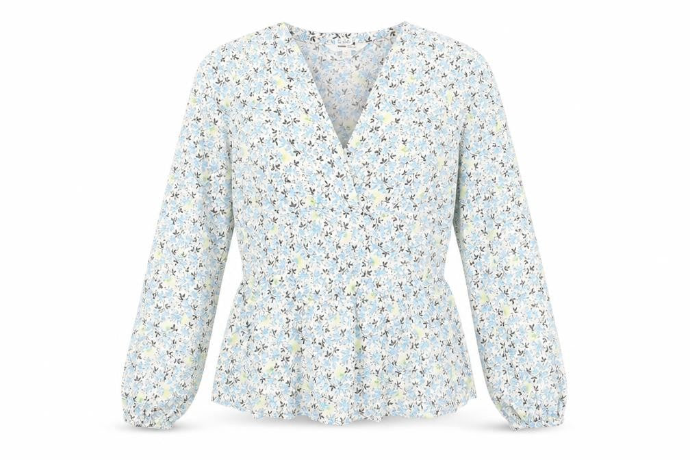Front view of Per Una women’s multicoloured floral cotton basic blouse, size UK 8, v-neck