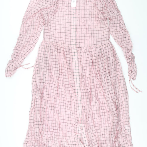 Topshop Womens Pink Check Viscose Shirt Dress Size 14 Collared Button - Rouched Sleeve