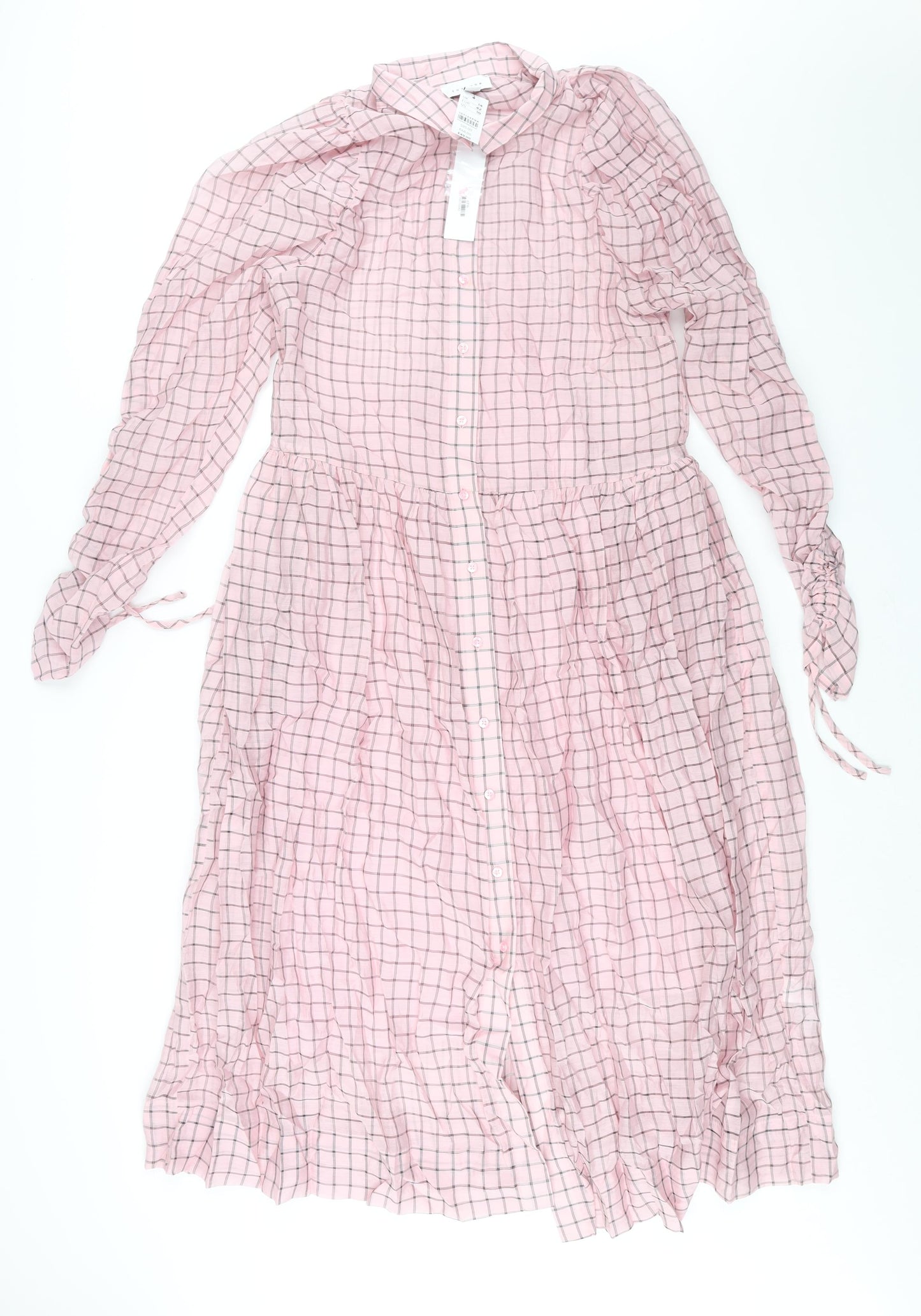 Topshop Womens Pink Check Viscose Shirt Dress Size 14 Collared Button - Rouched Sleeve