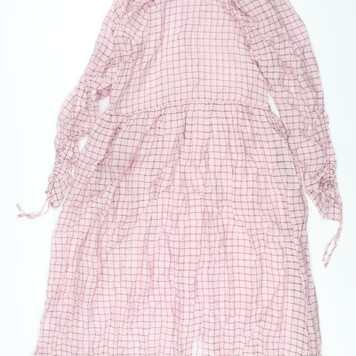 Topshop Womens Pink Check Viscose Shirt Dress Size 14 Collared Button - Rouched Sleeve