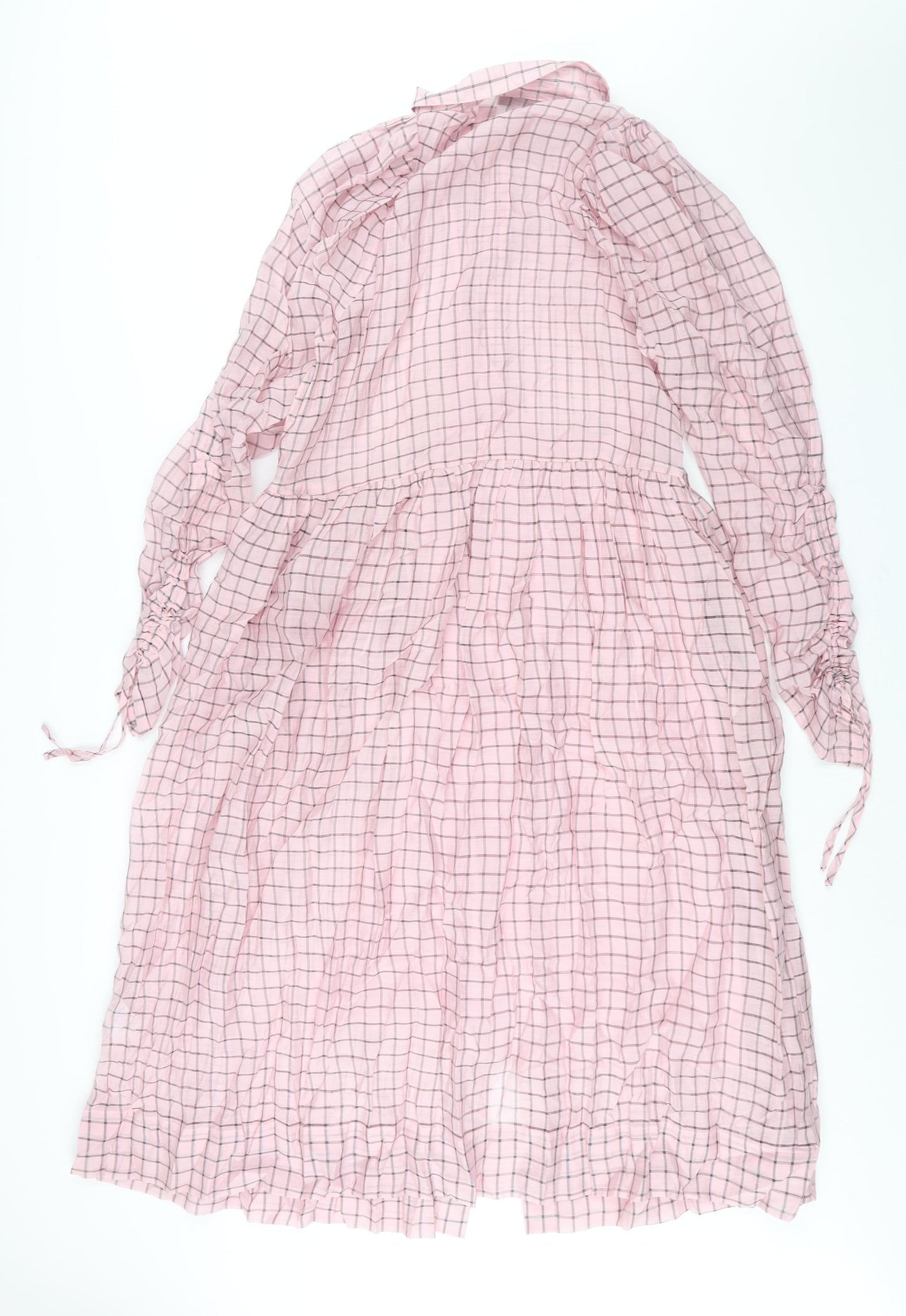 Topshop Womens Pink Check Viscose Shirt Dress Size 14 Collared Button - Rouched Sleeve