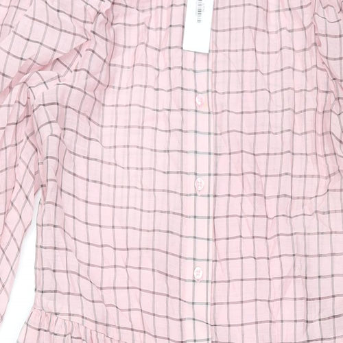 Topshop Womens Pink Check Viscose Shirt Dress Size 14 Collared Button - Rouched Sleeve