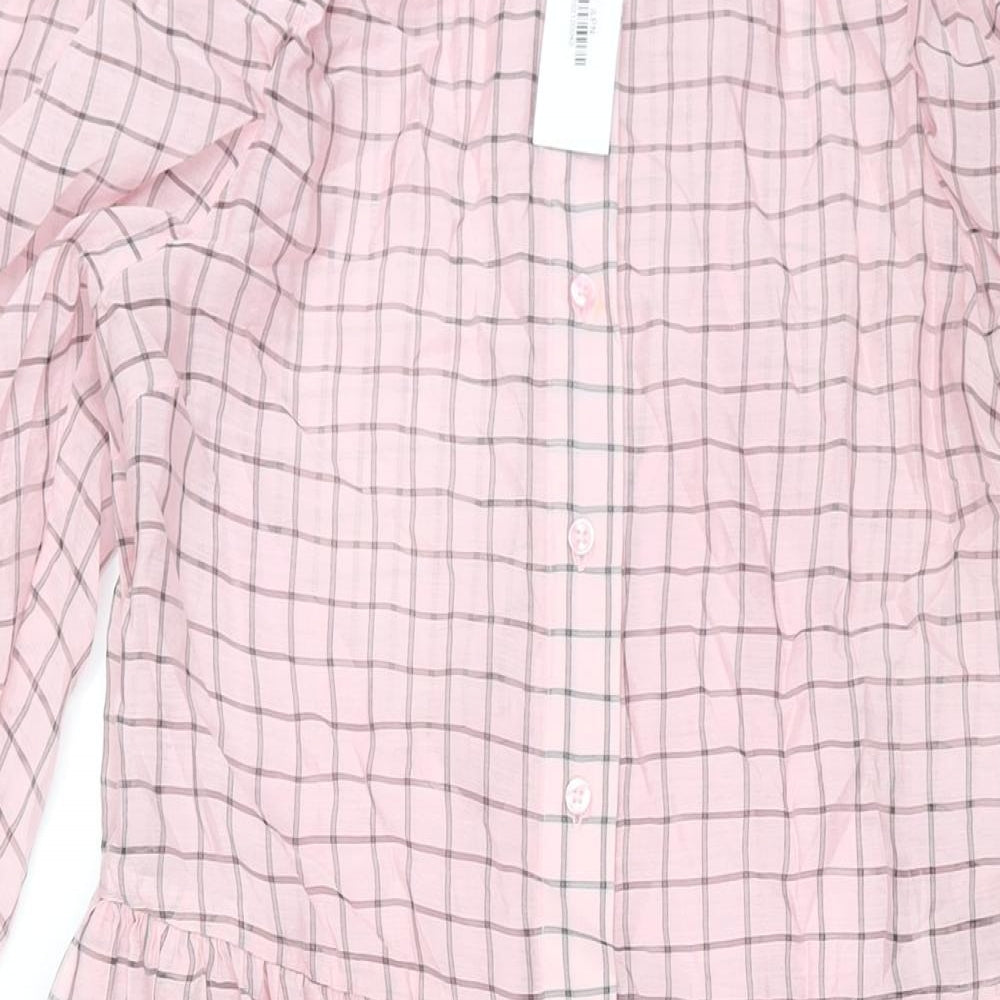 Topshop Womens Pink Check Viscose Shirt Dress Size 14 Collared Button - Rouched Sleeve