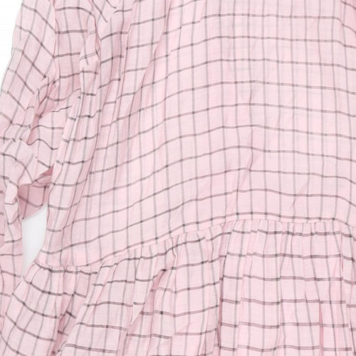 Topshop Womens Pink Check Viscose Shirt Dress Size 14 Collared Button - Rouched Sleeve