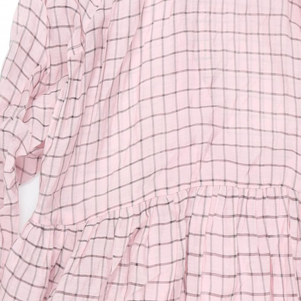 Topshop Womens Pink Check Viscose Shirt Dress Size 14 Collared Button - Rouched Sleeve