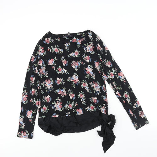 Marks and Spencer Womens Black Floral Viscose Basic Blouse Size 10 Round Neck - Tie Detail
