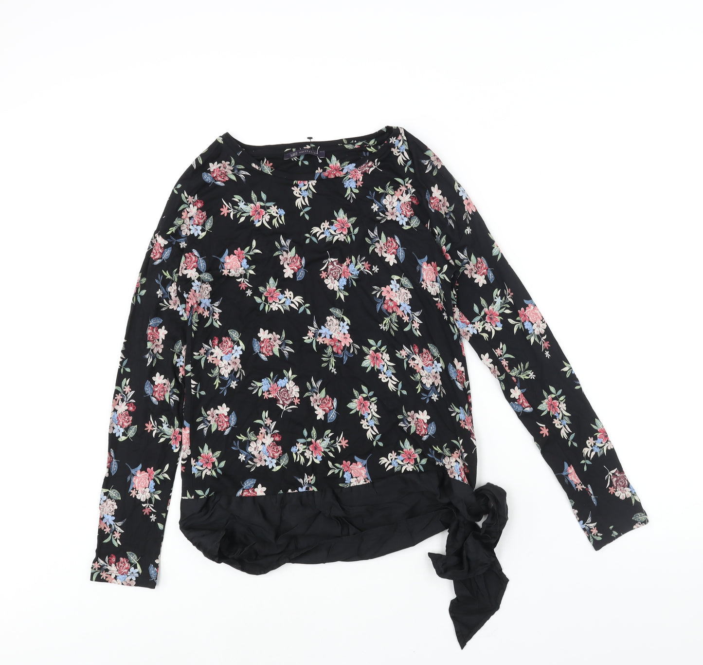 Marks and Spencer Womens Black Floral Viscose Basic Blouse Size 10 Round Neck - Tie Detail