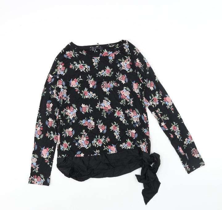 Marks and Spencer Womens Black Floral Viscose Basic Blouse Size 10 Round Neck - Tie Detail