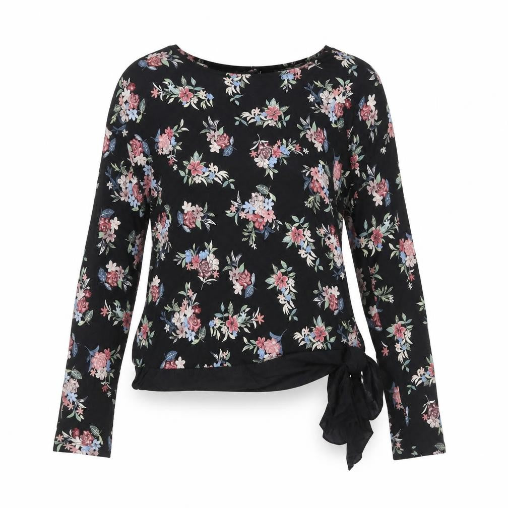 Marks and Spencer Womens Black Floral Viscose Basic Blouse Size 10 Round Neck - Tie Detail