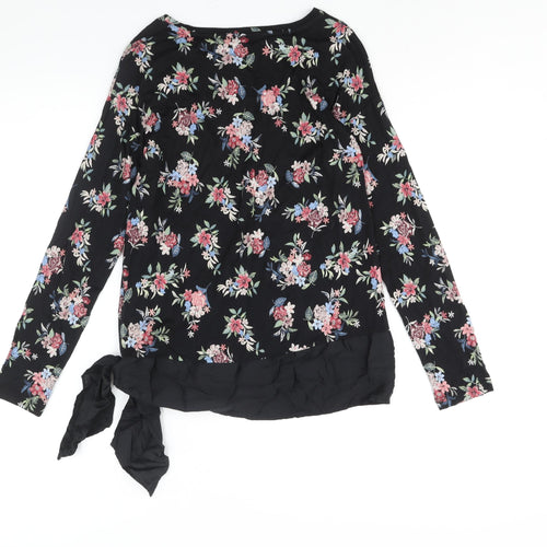 Marks and Spencer Womens Black Floral Viscose Basic Blouse Size 10 Round Neck - Tie Detail