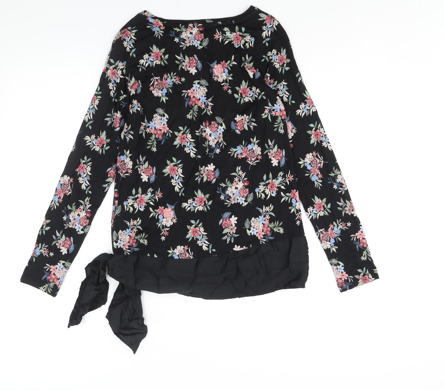 Marks and Spencer Womens Black Floral Viscose Basic Blouse Size 10 Round Neck - Tie Detail