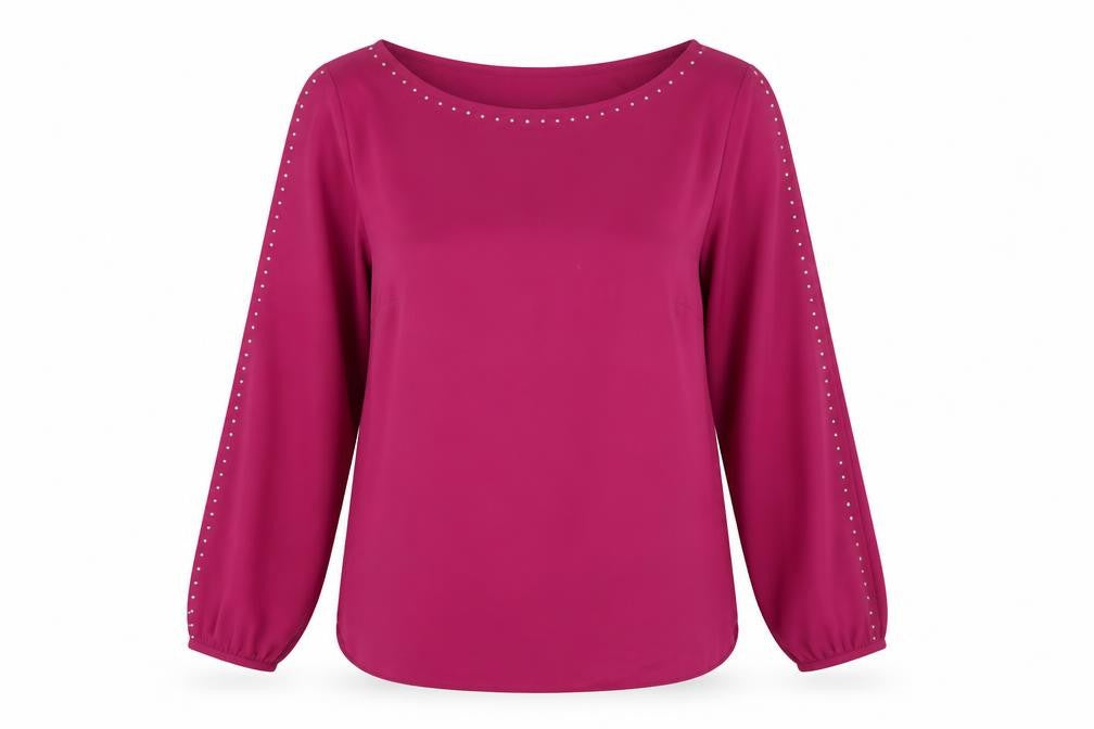 Front view of Wallis women’s purple polyester basic blouse, size UK 12, boat neck - sleeve cut out stud detail