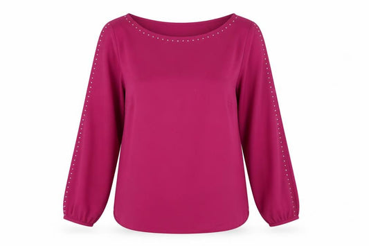 Front view of Wallis women’s purple polyester basic blouse, size UK 12, boat neck - sleeve cut out stud detail