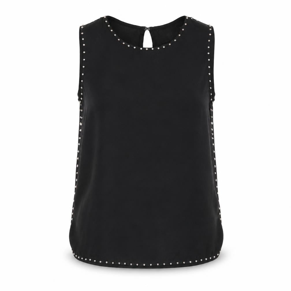 Front view of H&M women’s black polyester camisole blouse, size UK 8, round neck - stud detail open back