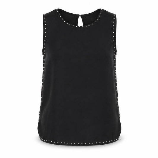 Front view of H&M women’s black polyester camisole blouse, size UK 8, round neck - stud detail open back