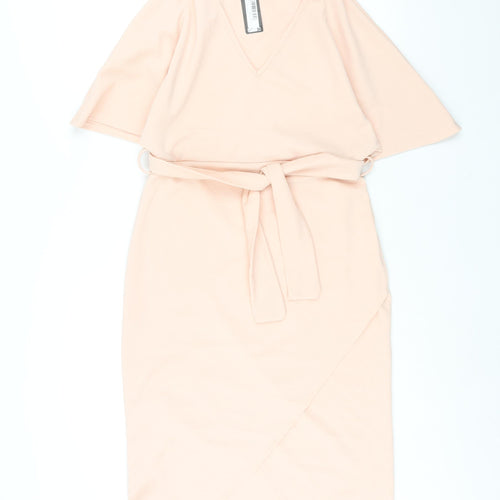Boohoo Womens Pink Polyester Shift Size 14 V-Neck Pullover - Belted Batwing Sleeve