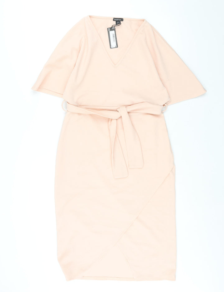 Boohoo Womens Pink Polyester Shift Size 14 V-Neck Pullover - Belted Batwing Sleeve