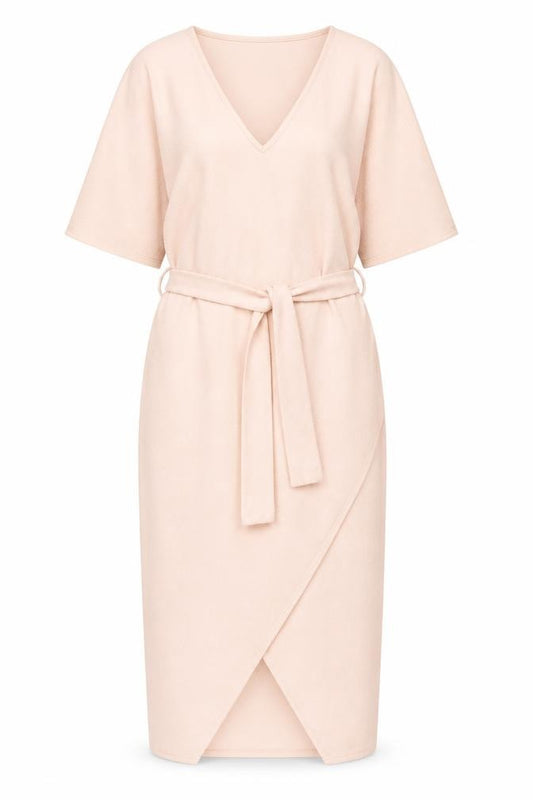 Front view of Boohoo women’s pink polyester shift, size UK 14, v-neck pullover - belted batwing sleeve