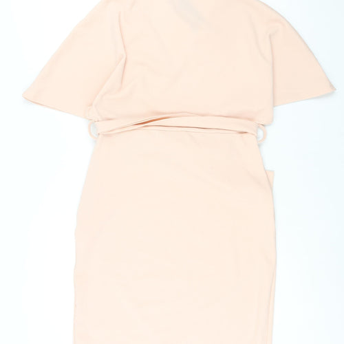 Boohoo Womens Pink Polyester Shift Size 14 V-Neck Pullover - Belted Batwing Sleeve